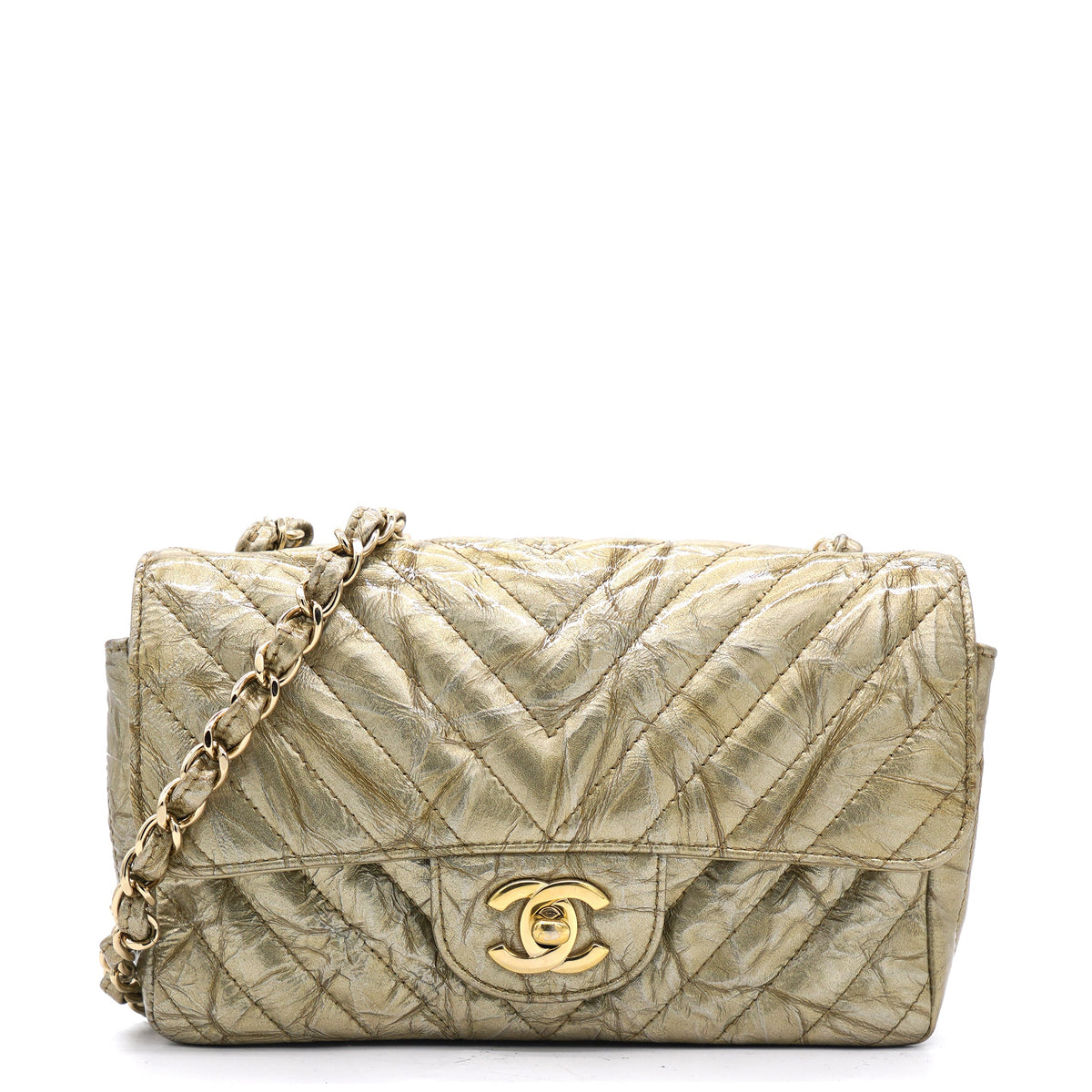 Chanel Patent Metallic Crumpled Calfskin Chevron Quilted Mini Rectangular Flap Gold
