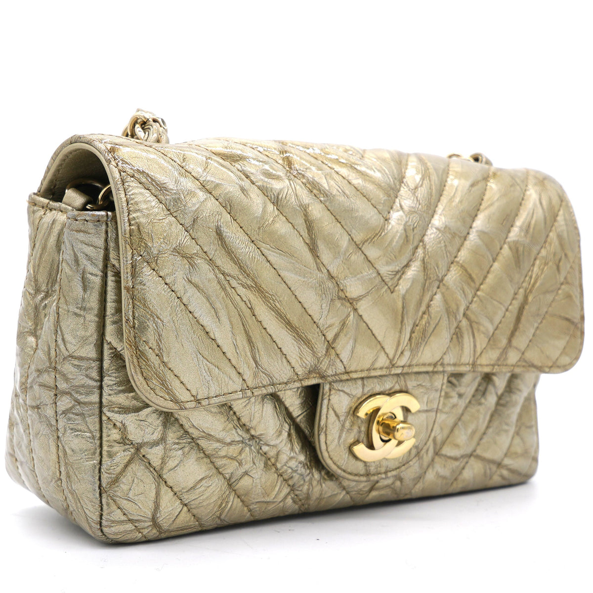 Chanel Patent Metallic Crumpled Calfskin Chevron Quilted Mini Rectangular Flap Gold