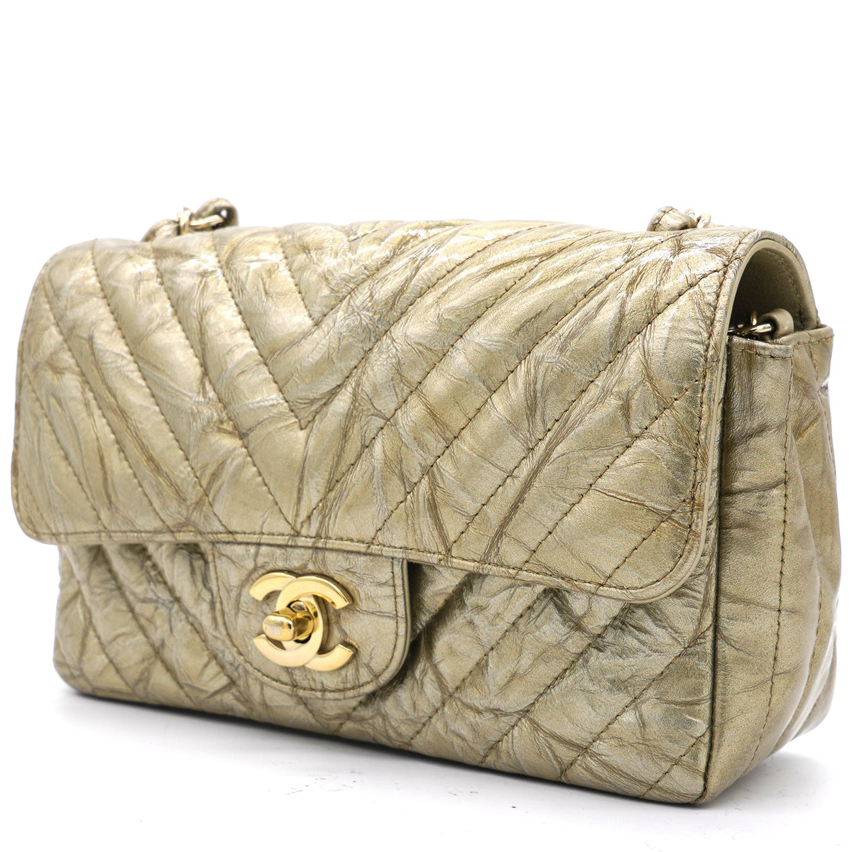 Chanel Patent Metallic Crumpled Calfskin Chevron Quilted Mini Rectangular Flap Gold