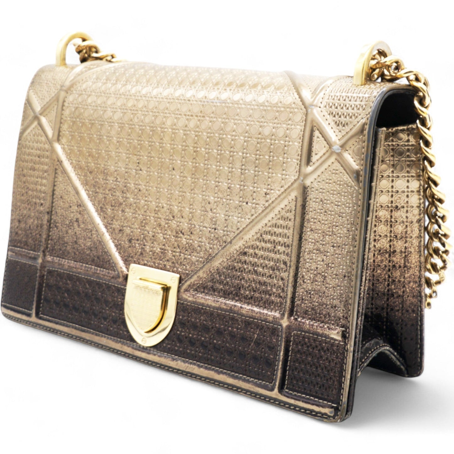 Dior Metallic Patent Micro-Cannage Gradient Diorama Flap Bag Bronze Gold