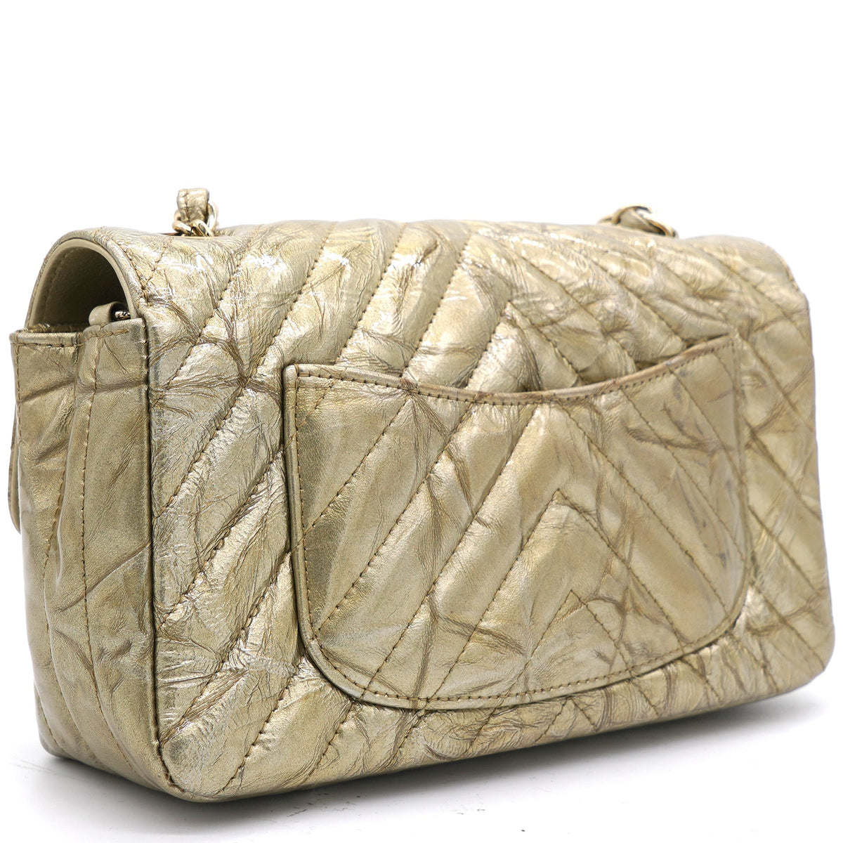 Chanel Patent Metallic Crumpled Calfskin Chevron Quilted Mini Rectangular Flap Gold