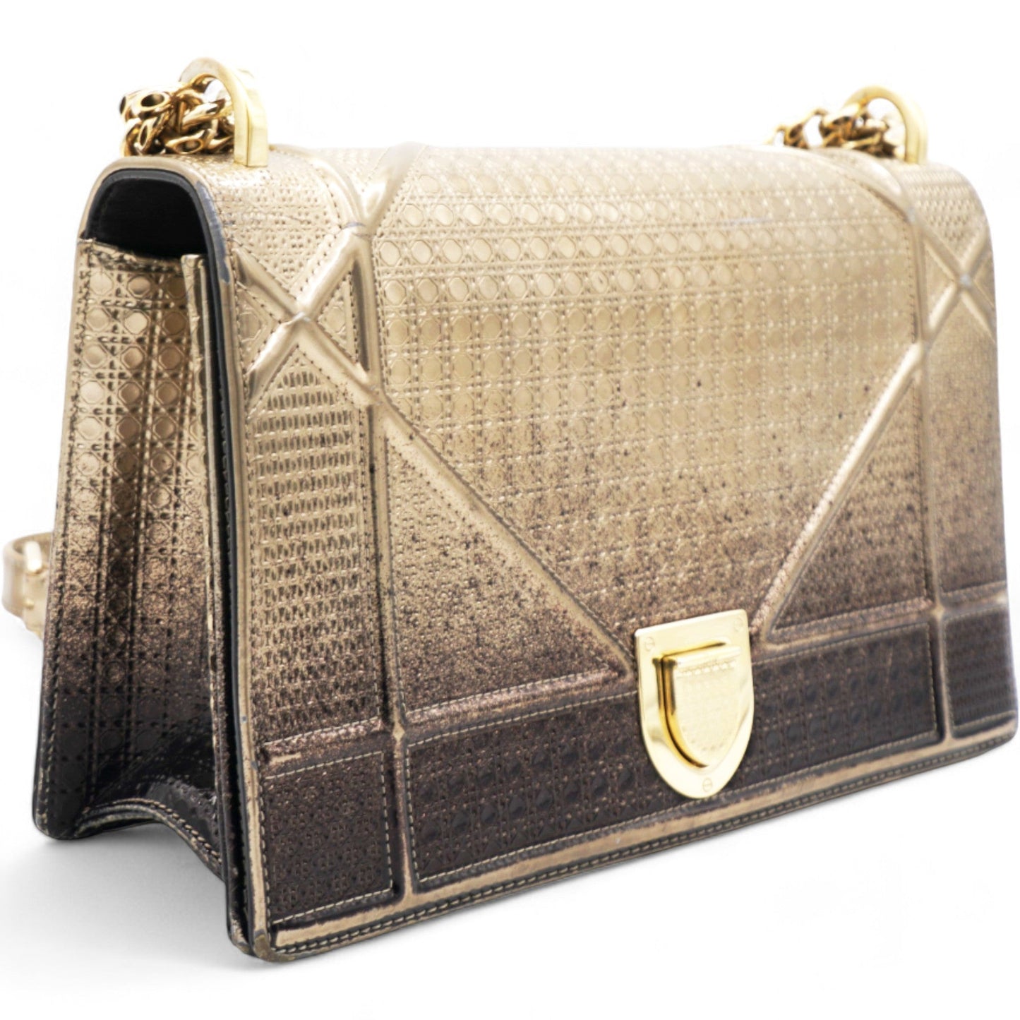 Dior Metallic Patent Micro-Cannage Gradient Diorama Flap Bag Bronze Gold