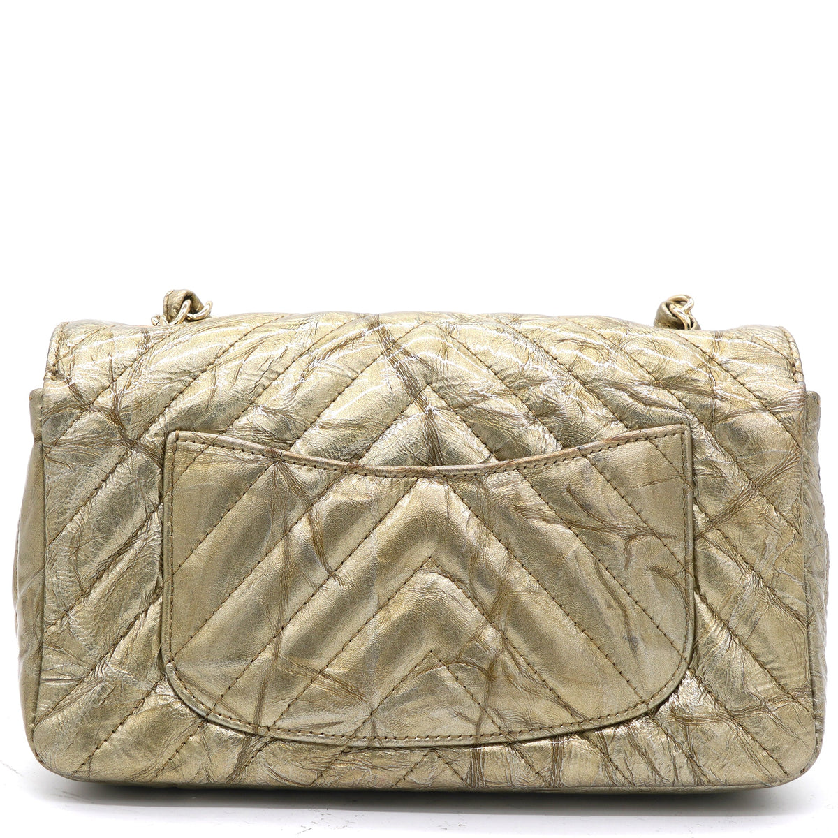 Chanel Patent Metallic Crumpled Calfskin Chevron Quilted Mini Rectangular Flap Gold
