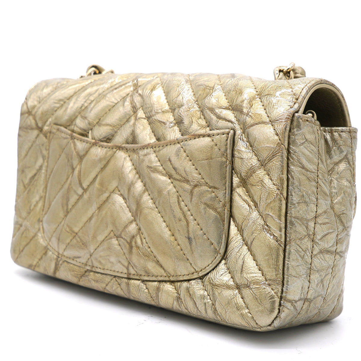 Chanel Patent Metallic Crumpled Calfskin Chevron Quilted Mini Rectangular Flap Gold