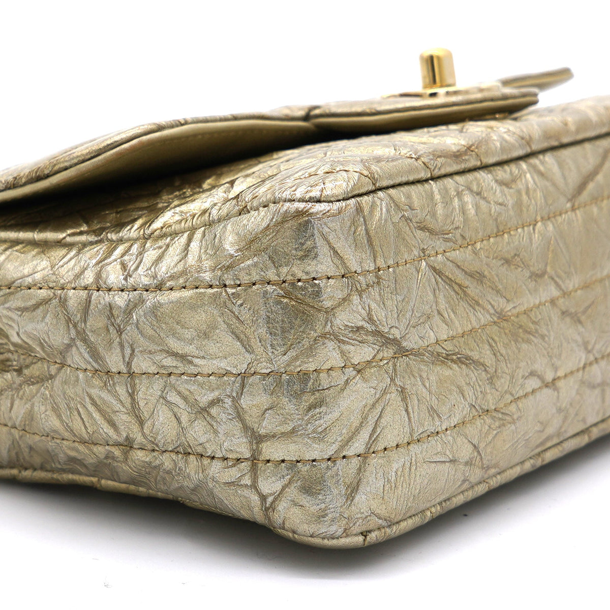 Chanel Patent Metallic Crumpled Calfskin Chevron Quilted Mini Rectangular Flap Gold