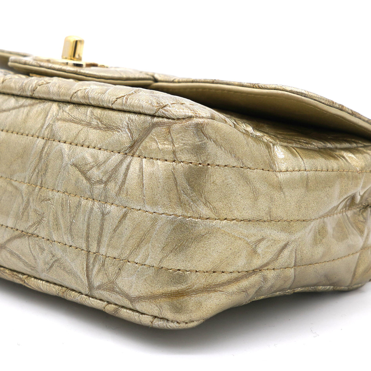 Chanel Patent Metallic Crumpled Calfskin Chevron Quilted Mini Rectangular Flap Gold