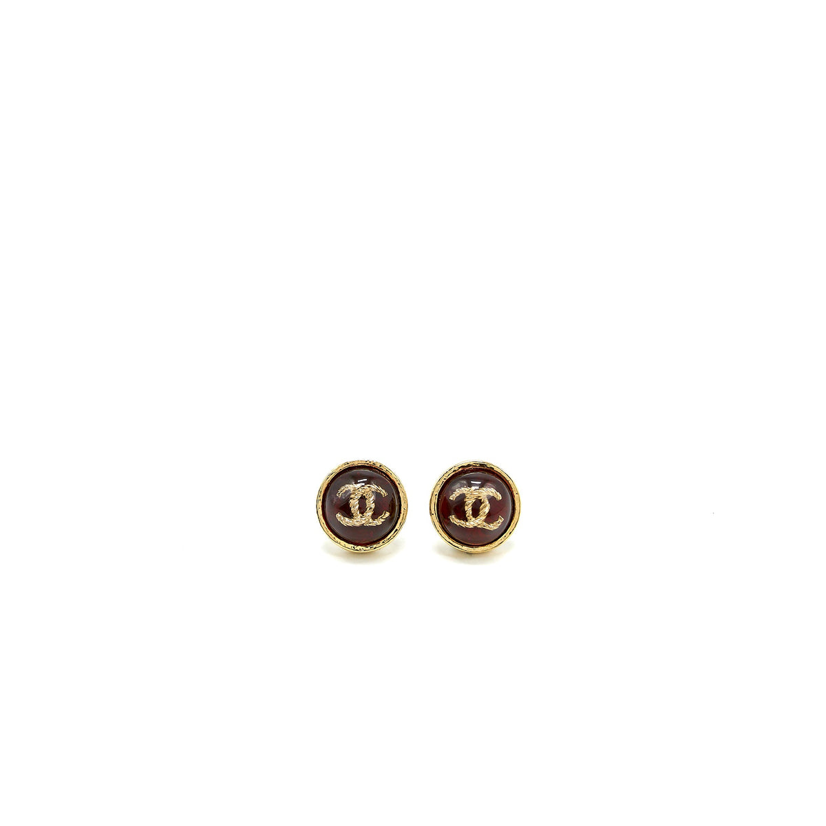 Chanel Round CC Logo Earring Red Gond Tone
