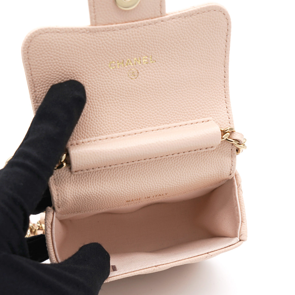 Chanel Pink Beige Quilted Caviar Leather Flap Card Holder with Chain
