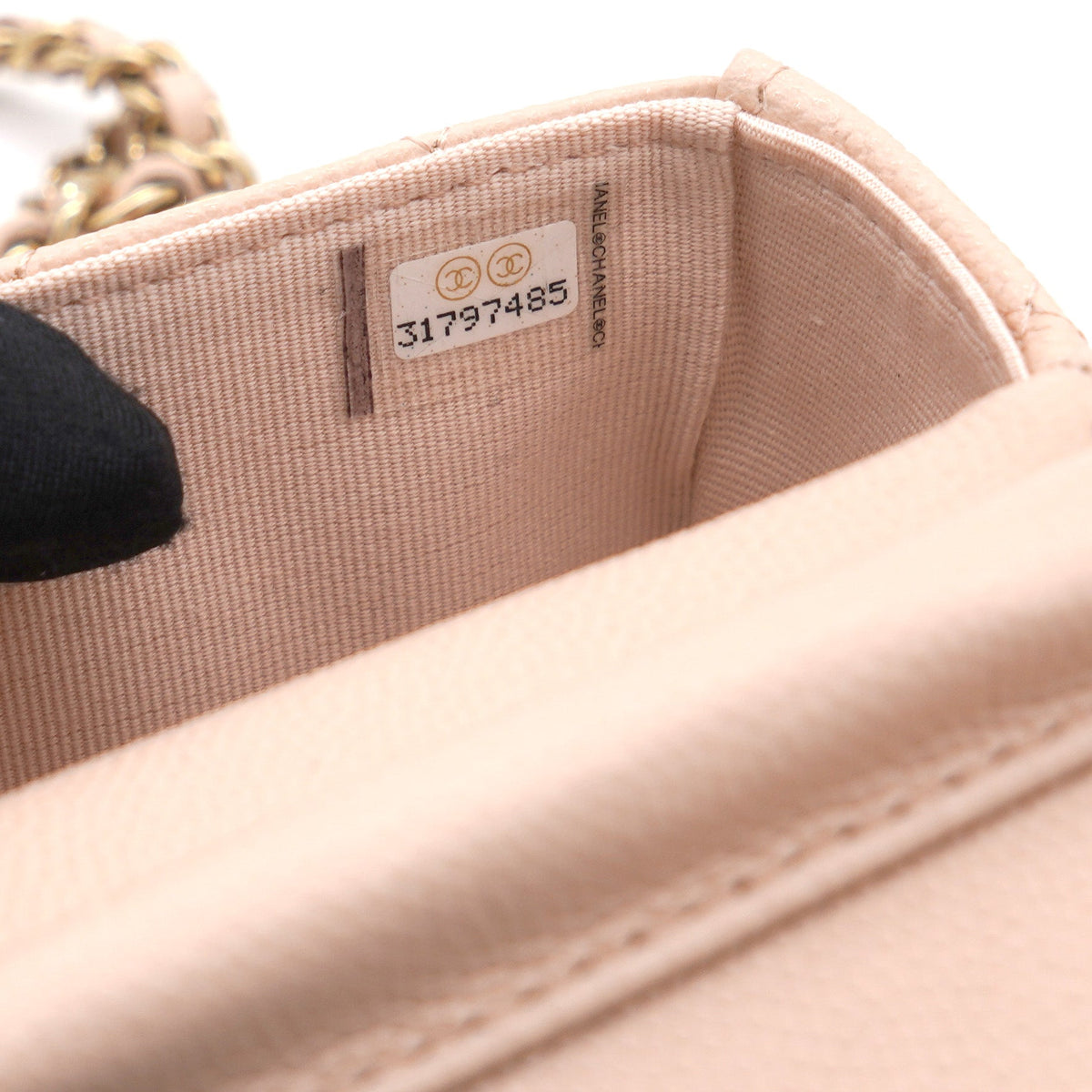 Chanel Pink Beige Quilted Caviar Leather Flap Card Holder with Chain