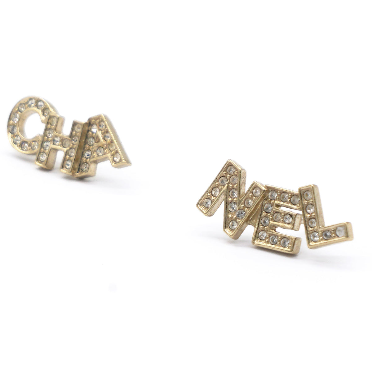 Chanel Gold Metal And Crystal Logo Letter Stud Earrings