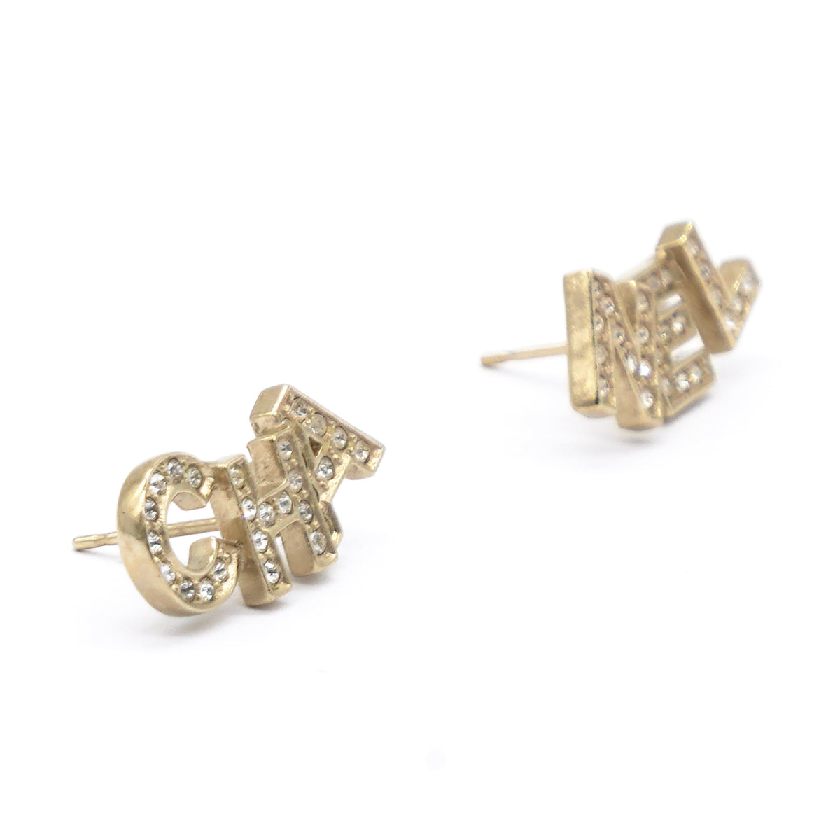 Chanel Gold Metal And Crystal Logo Letter Stud Earrings
