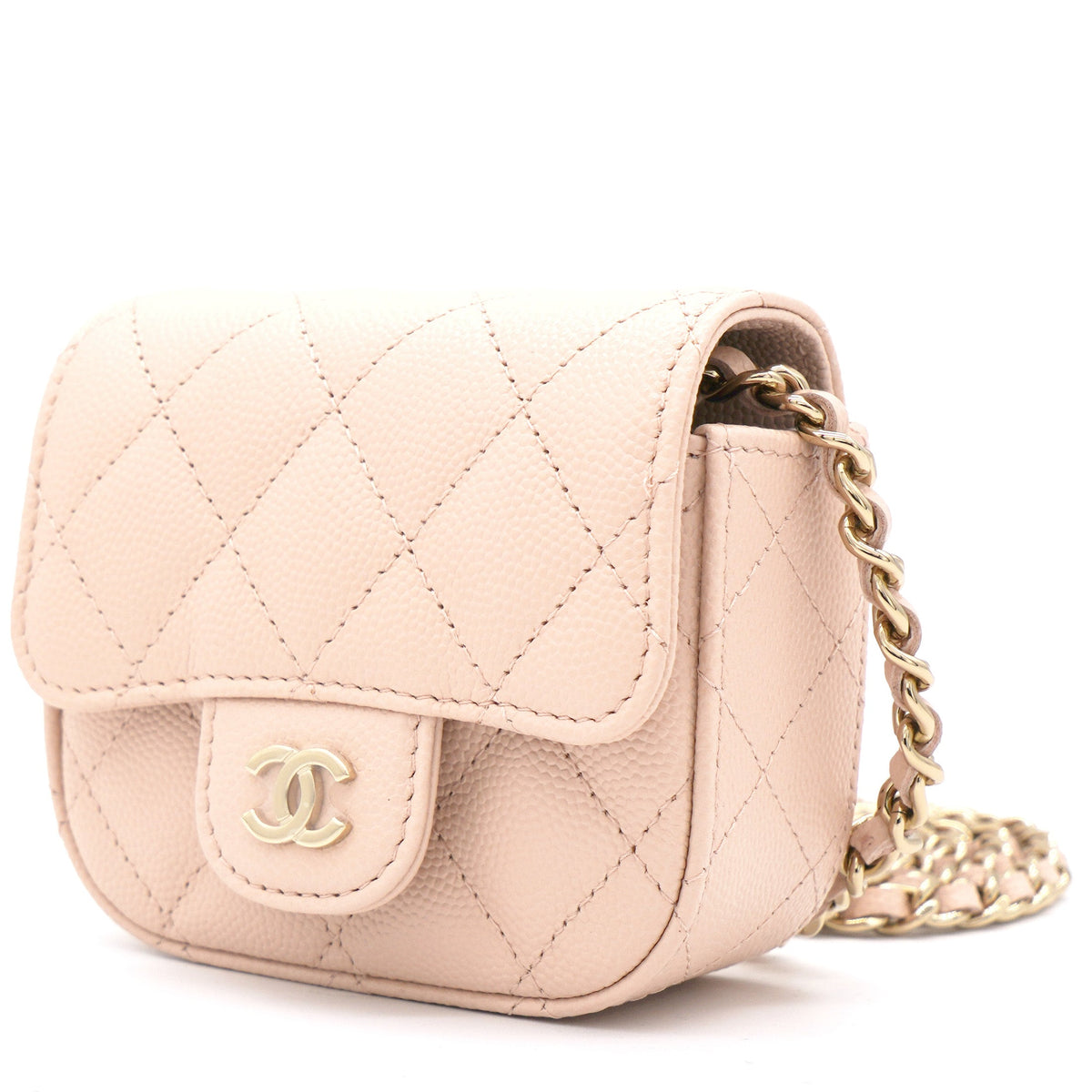 Chanel Pink Beige Quilted Caviar Leather Flap Card Holder with Chain
