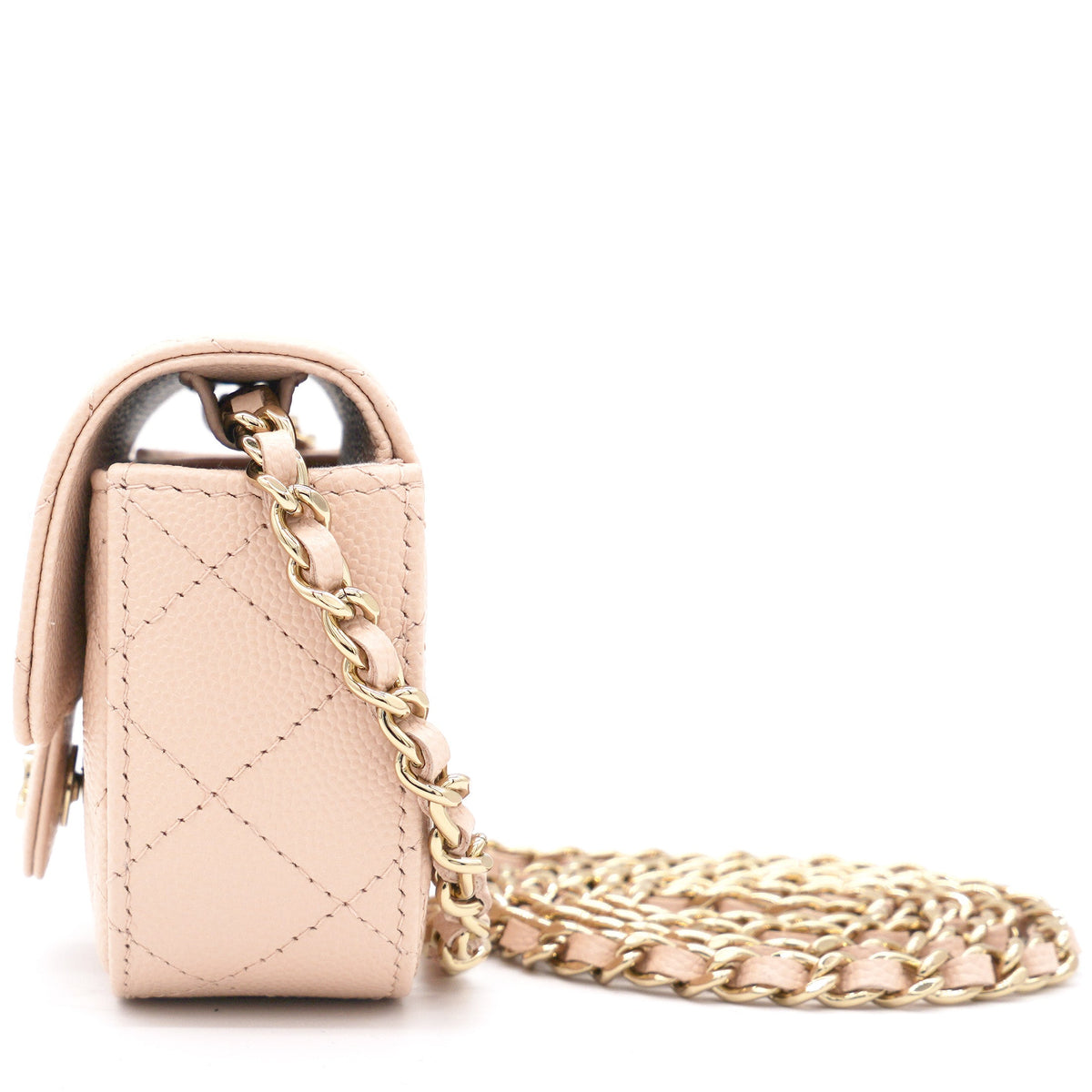 Chanel Pink Beige Quilted Caviar Leather Flap Card Holder with Chain