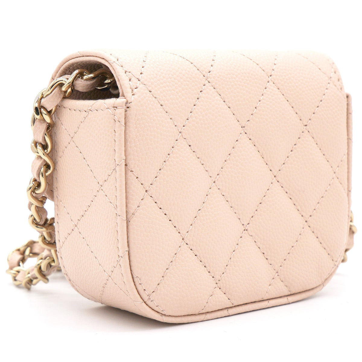 Chanel Pink Beige Quilted Caviar Leather Flap Card Holder with Chain