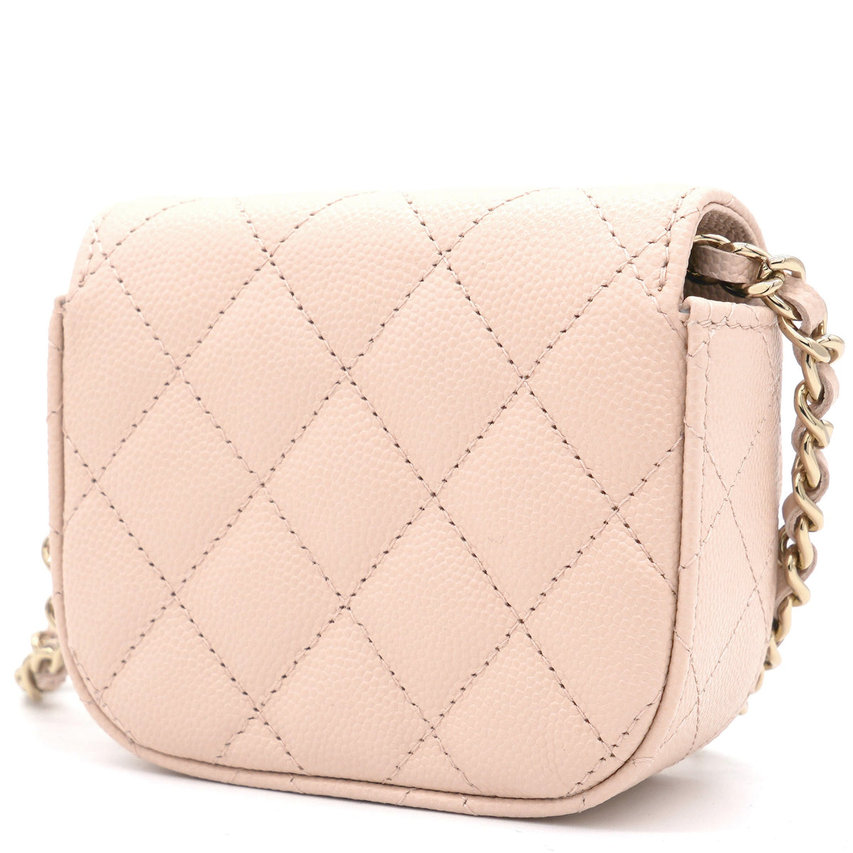 Chanel Pink Beige Quilted Caviar Leather Flap Card Holder with Chain