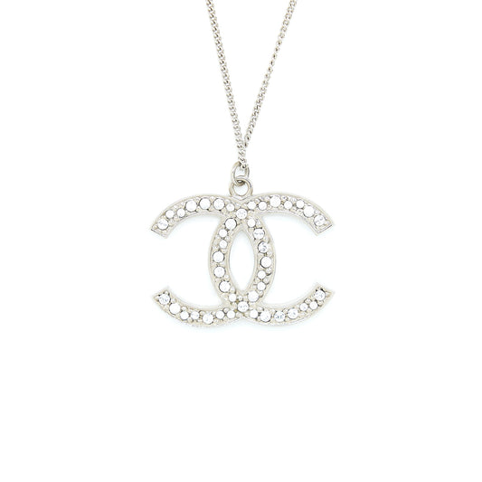 Chanel CC Logo Necklace Crystal Silver Tone