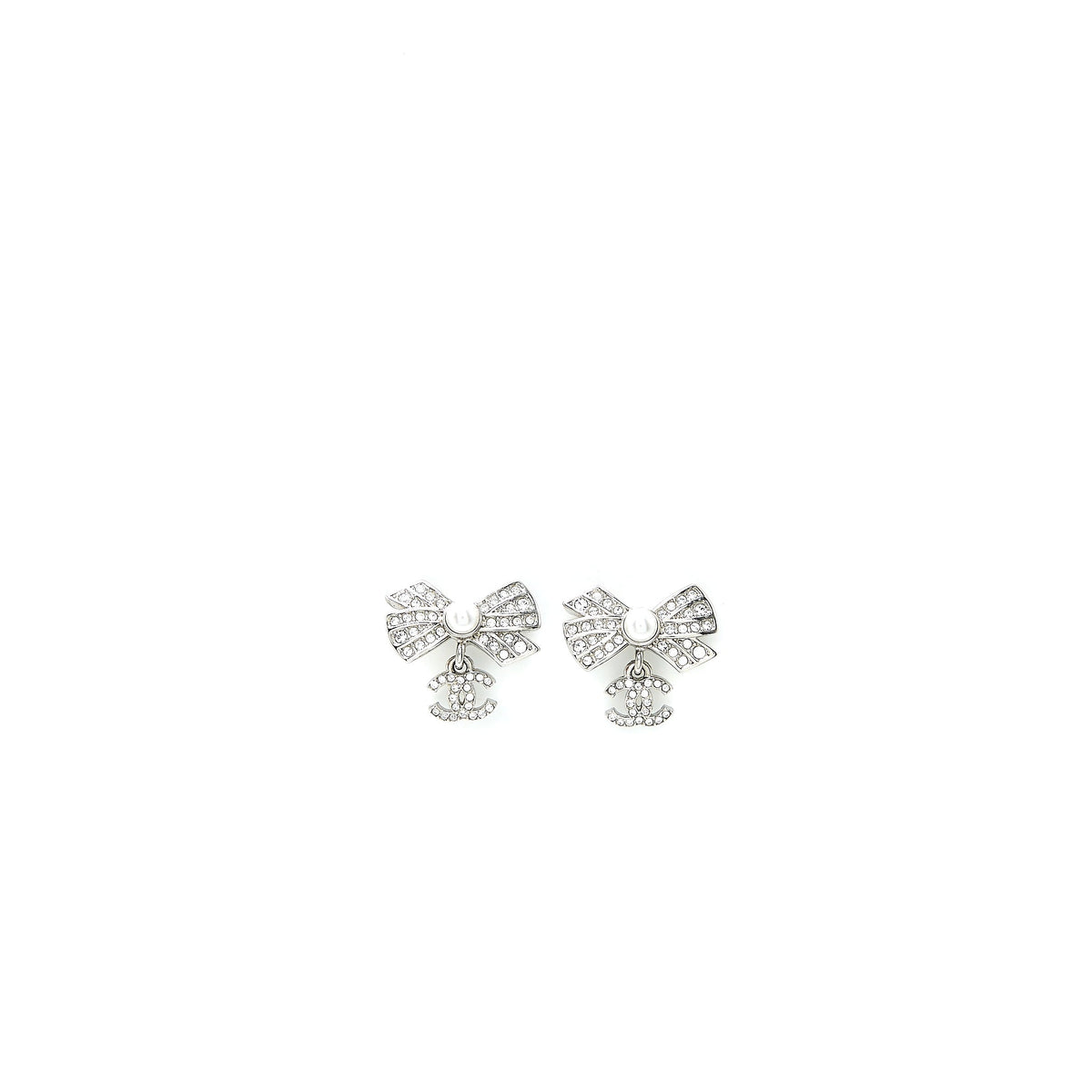 Chanel Ribbon with CC Drop Earrings Pearl/Crystal Silver Tone