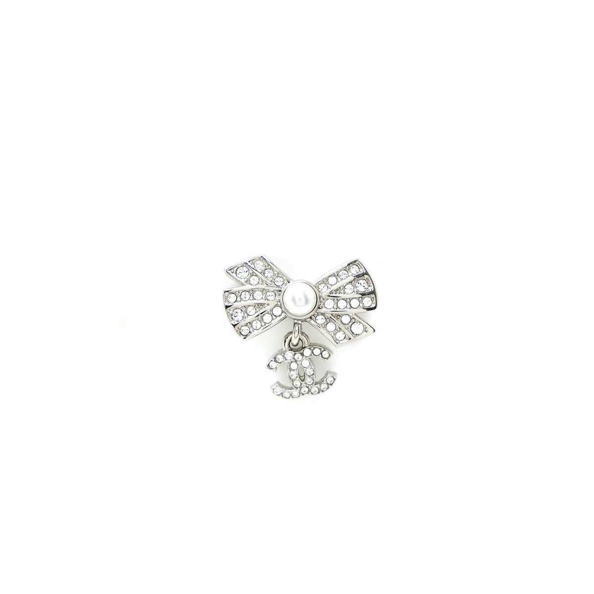 Chanel Ribbon with CC Drop Earrings Pearl/Crystal Silver Tone