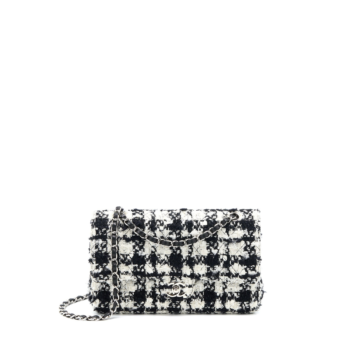 Chanel Vintage Medium Classic Flap Bag Tweed Black And White SHW