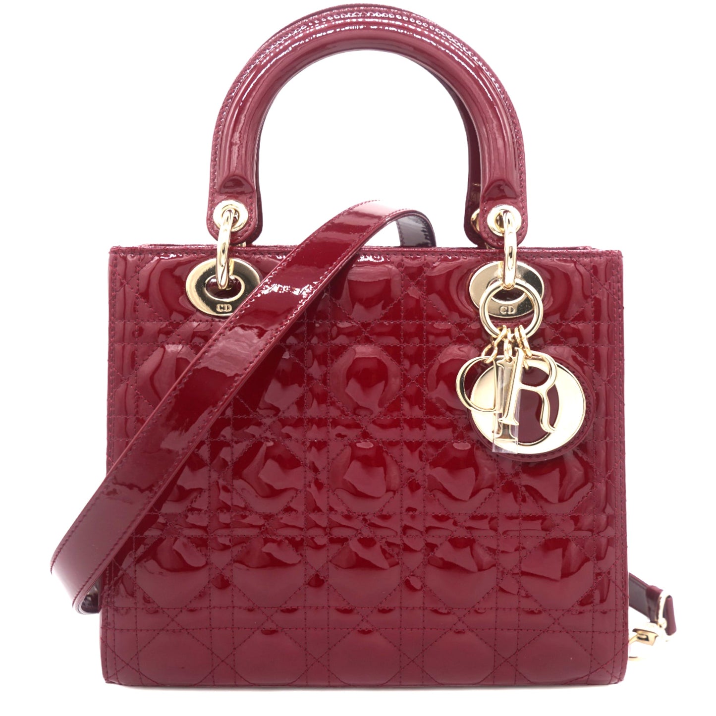 Dior Red Cannage Patent Leather Medium Lady Dior Tote
