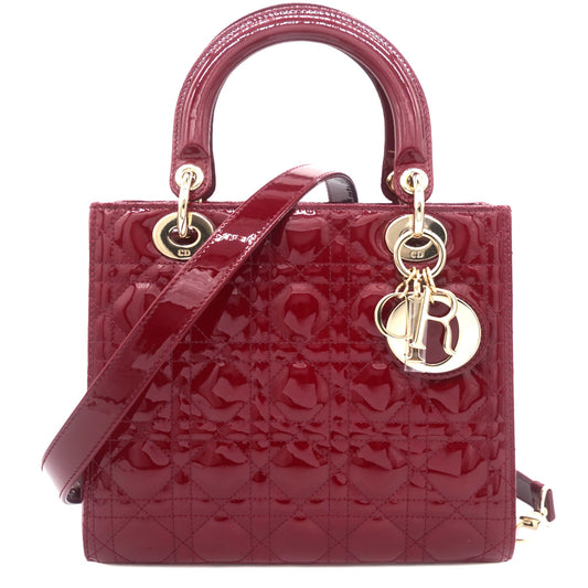 Dior Red Cannage Patent Leather Medium Lady Dior Tote