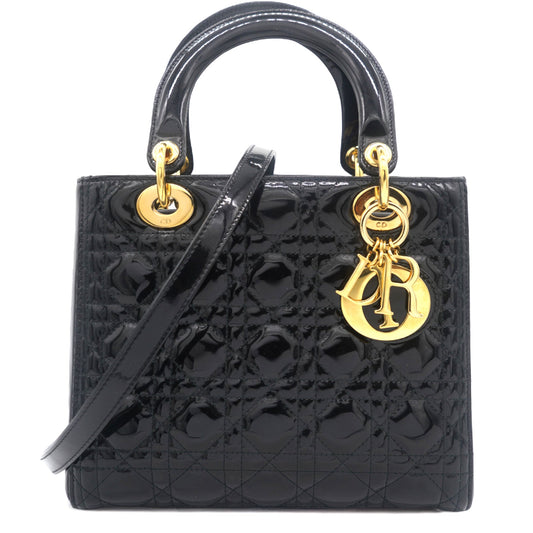 Dior Black Cannage Patent Leather Medium Lady Dior Tote