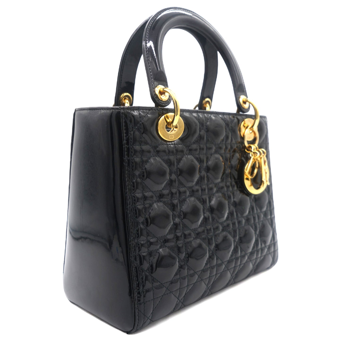 Dior Black Cannage Patent Leather Medium Lady Dior Tote