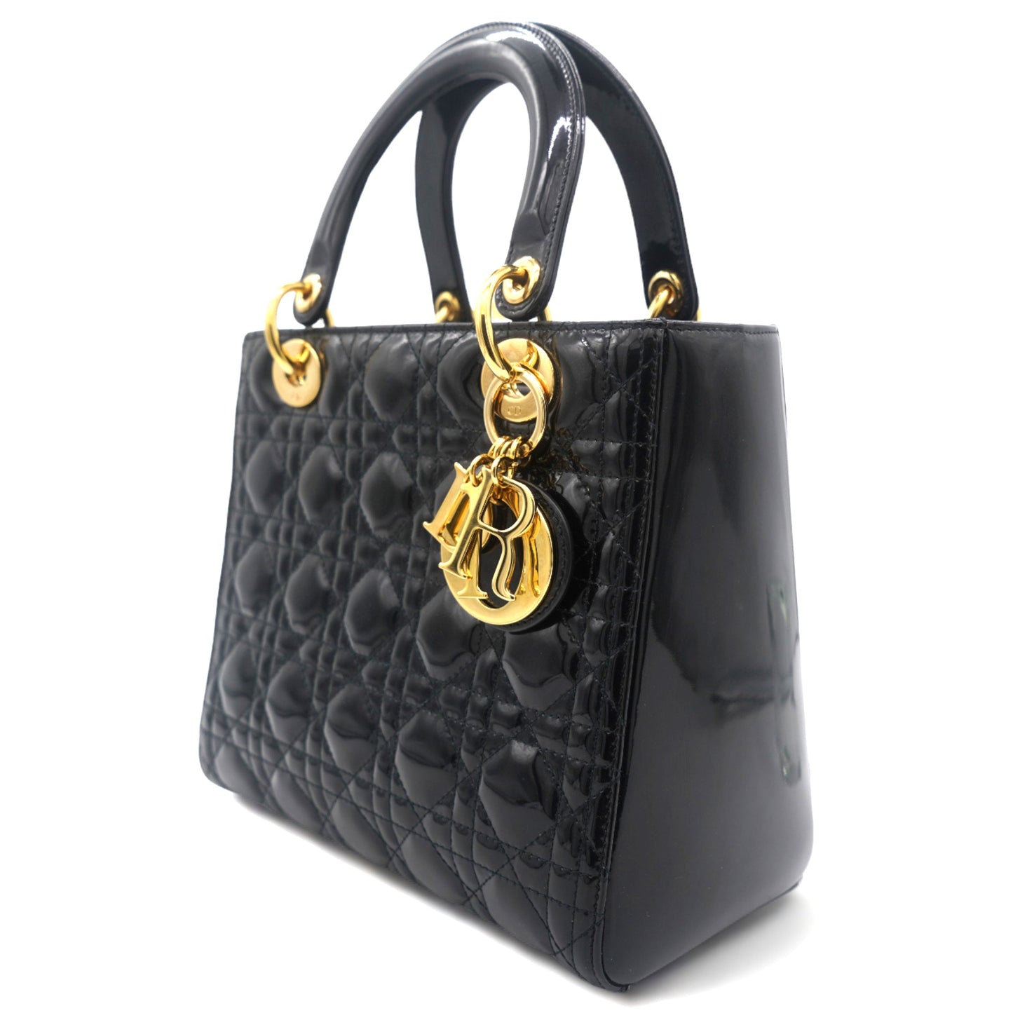 Dior Black Cannage Patent Leather Medium Lady Dior Tote