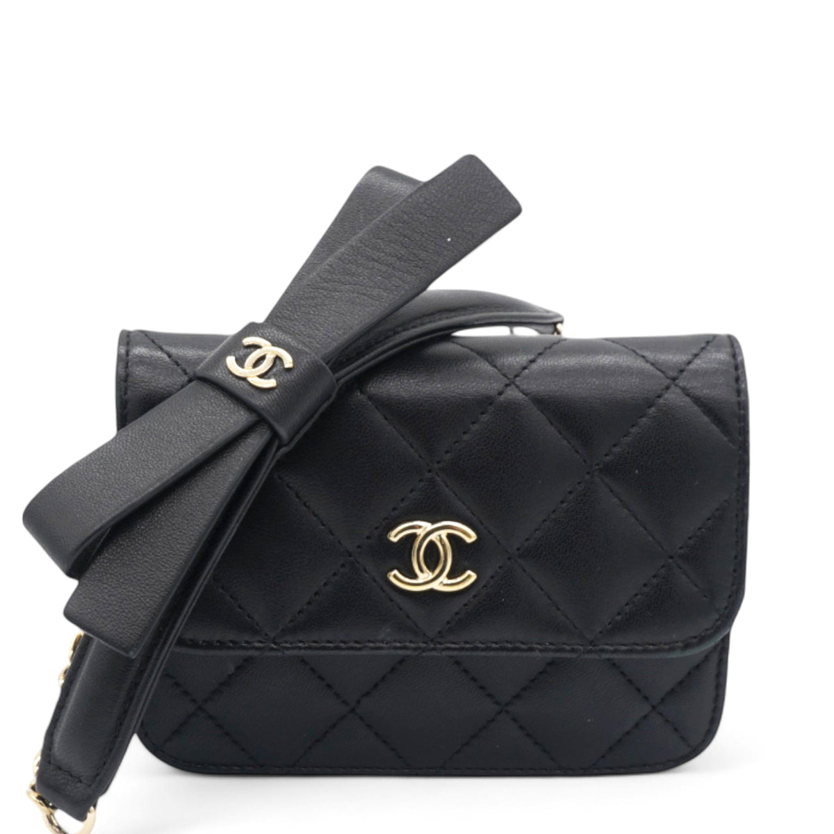 Chanel Lambskin Quilted Mini Coco Bow Clutch With Chain Black
