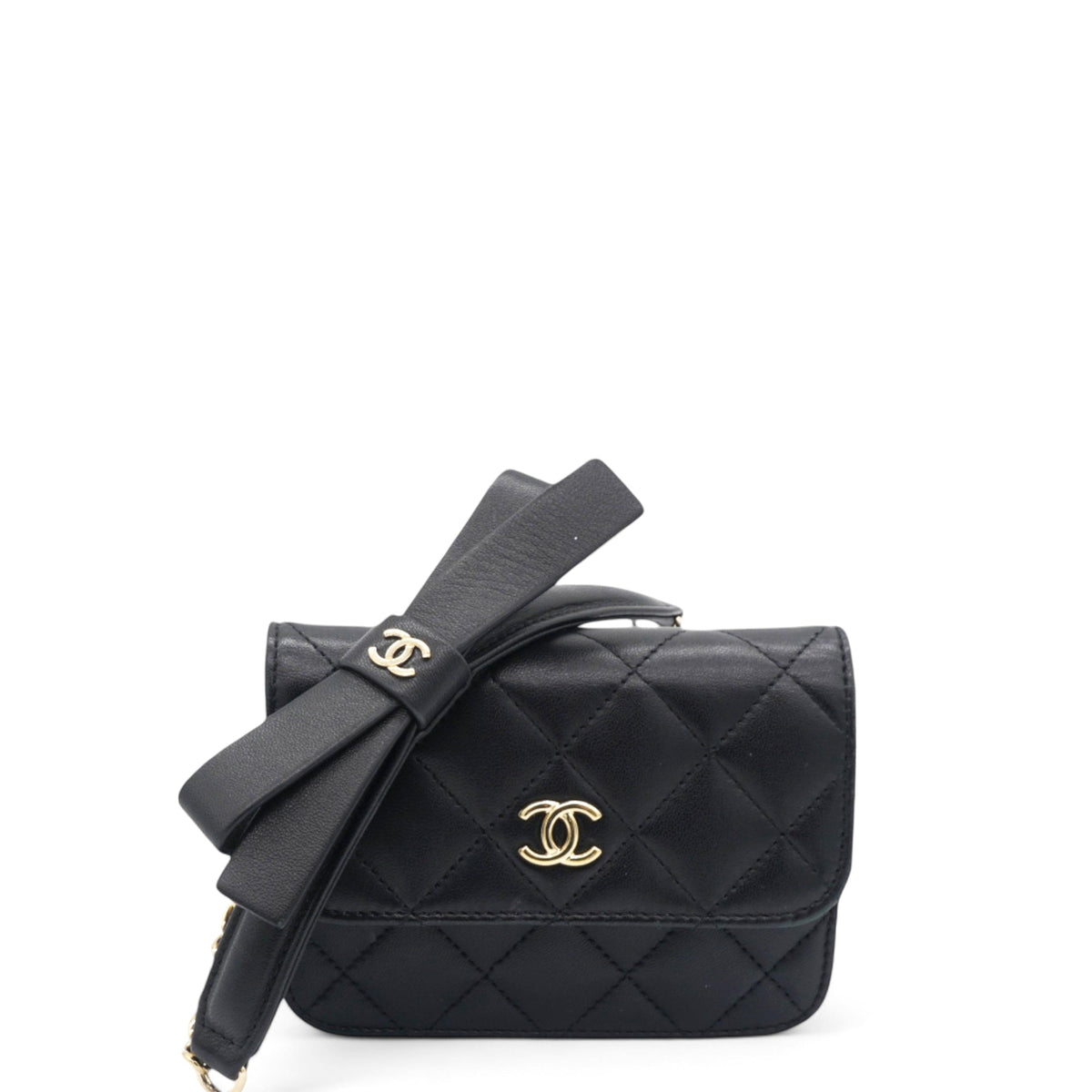 Chanel Lambskin Quilted Mini Coco Bow Clutch With Chain Black