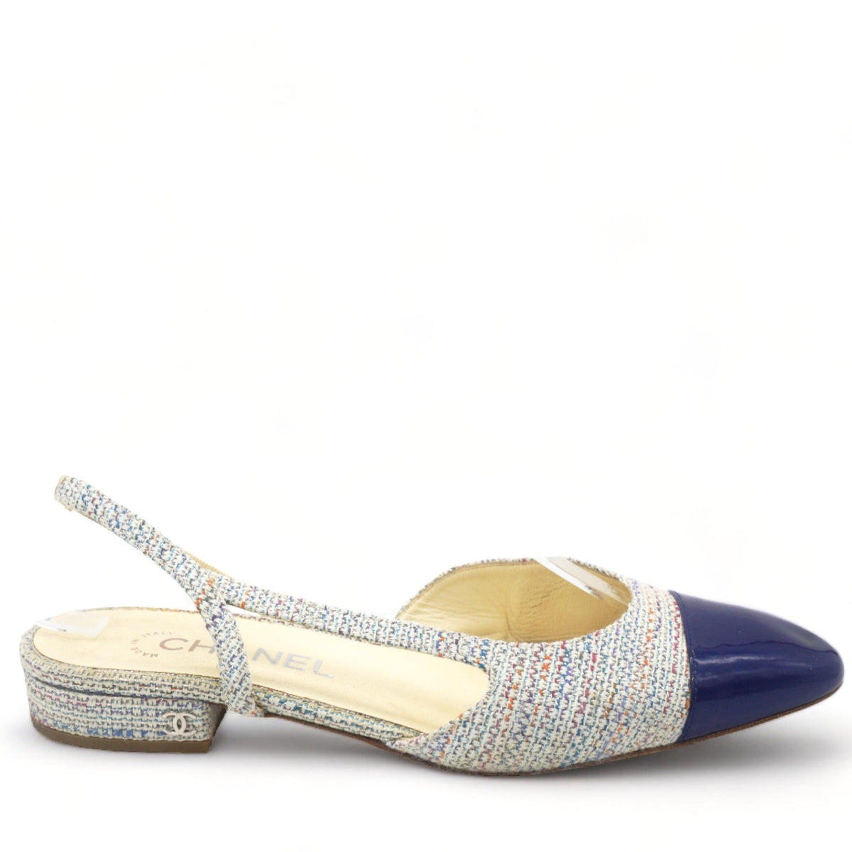 Chanel Tweed Cap Toe Singback Pumps Blue 38