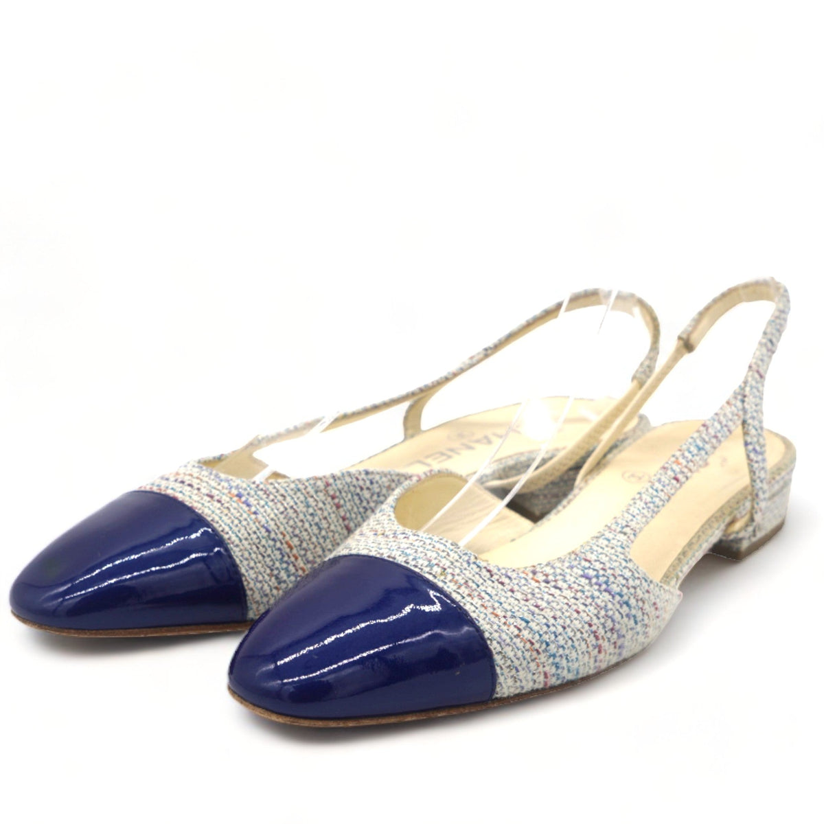 Chanel Tweed Cap Toe Singback Pumps Blue 38