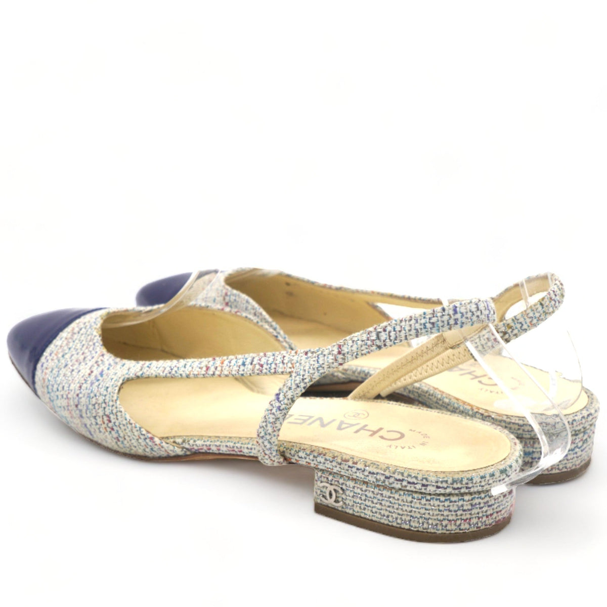 Chanel Tweed Cap Toe Singback Pumps Blue 38