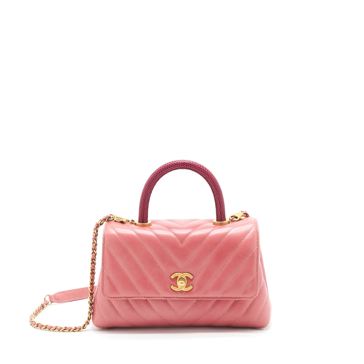 Chanel Small Coco Handle Chevron Calfskin With Lizard Handle Pink GHW