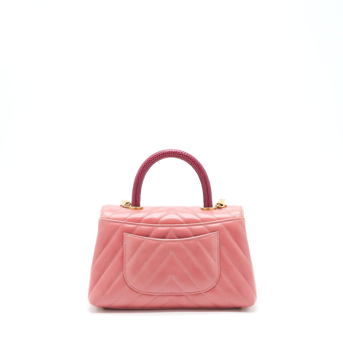 Chanel Small Coco Handle Chevron Calfskin With Lizard Handle Pink GHW