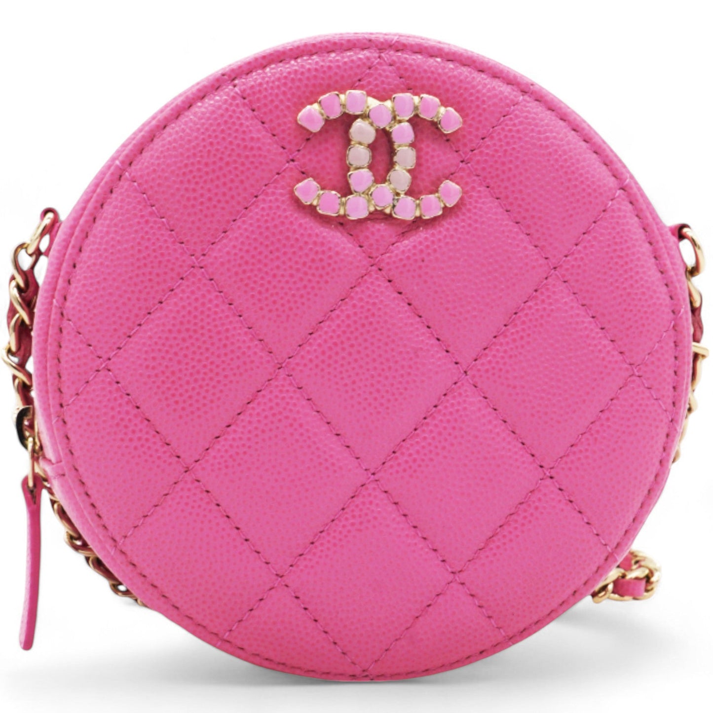 Chanel Caviar Quilted Crystal CC Round Clutch With Chain Pink