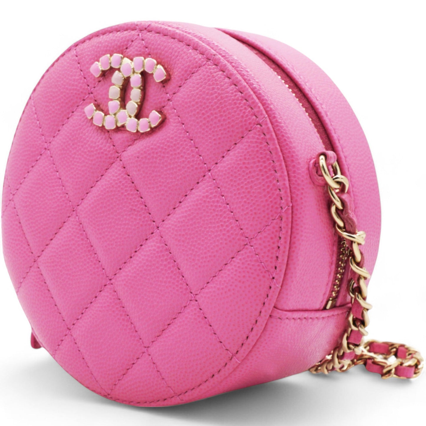 Chanel Caviar Quilted Crystal CC Round Clutch With Chain Pink