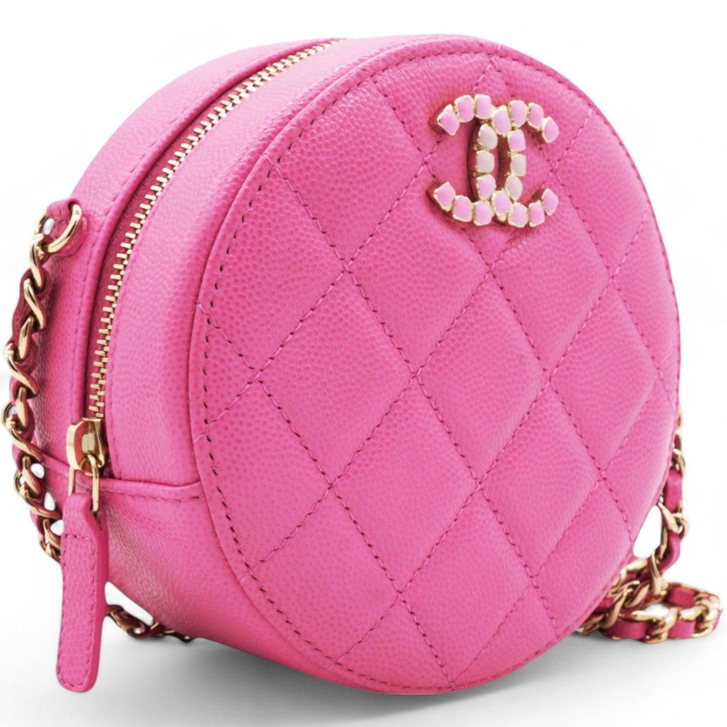 Chanel Caviar Quilted Crystal CC Round Clutch With Chain Pink