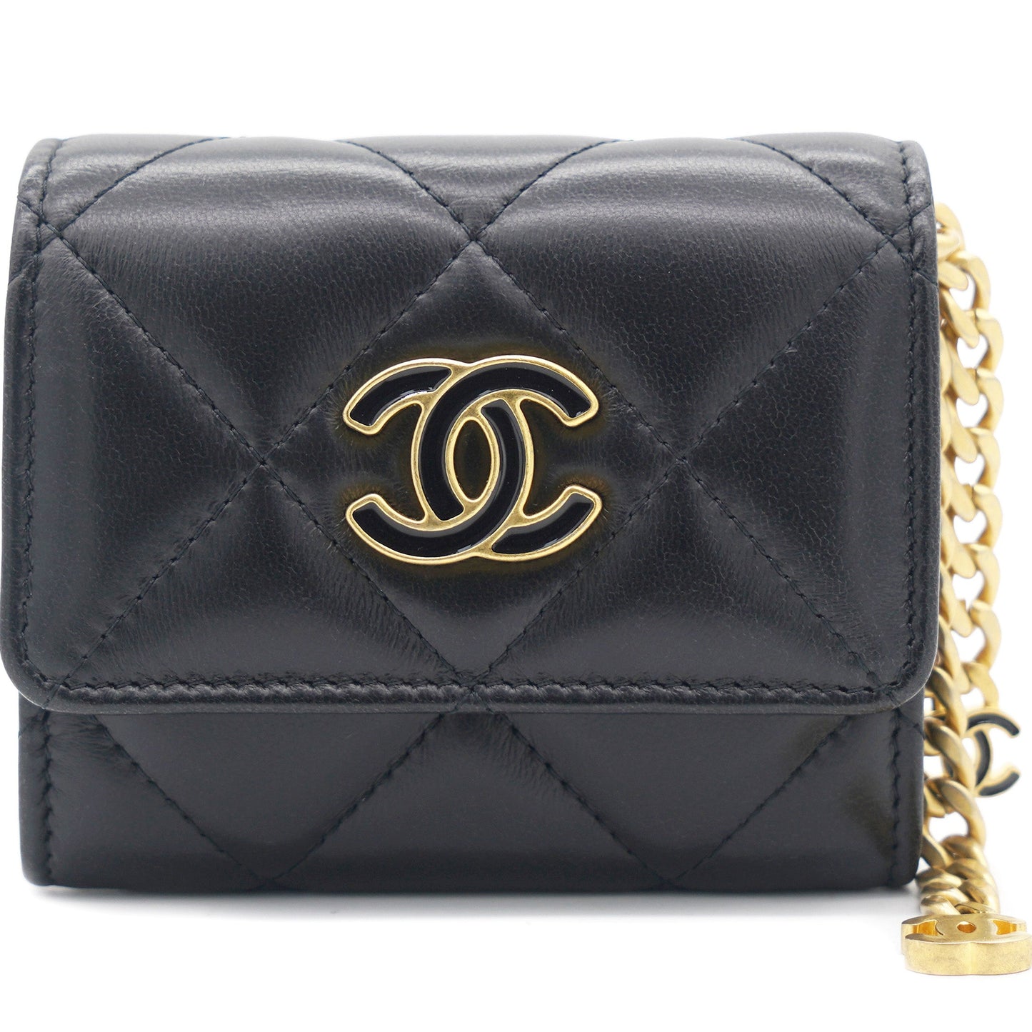 Chanel Black Quilted Lambskin Leather cc Enamel Card Holder with Chain