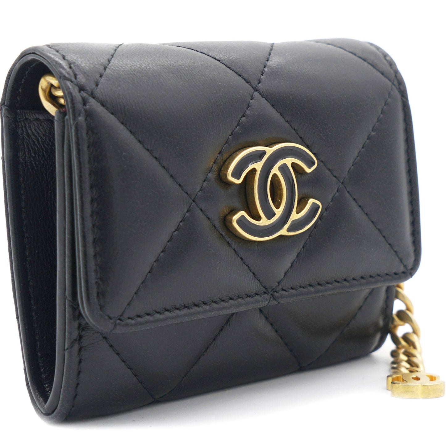 Chanel Black Quilted Lambskin Leather cc Enamel Card Holder with Chain