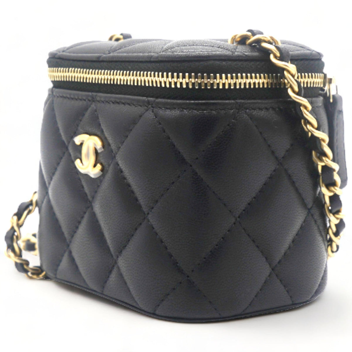 Chanel Lambskin Quilted Mini Pearl Crush Vanity Case with Chain Black