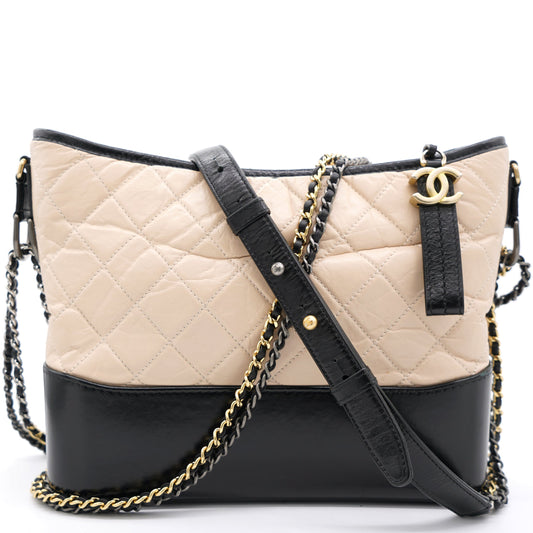 Chanel Aged Calfskin Quilted Medium Gabrielle Hobo Beige Black