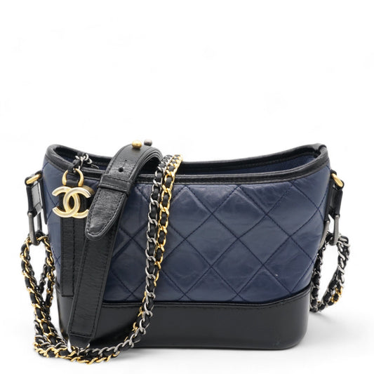 Chanel Aged Calfskin Quilted Small Gabrielle Hobo Navy Black