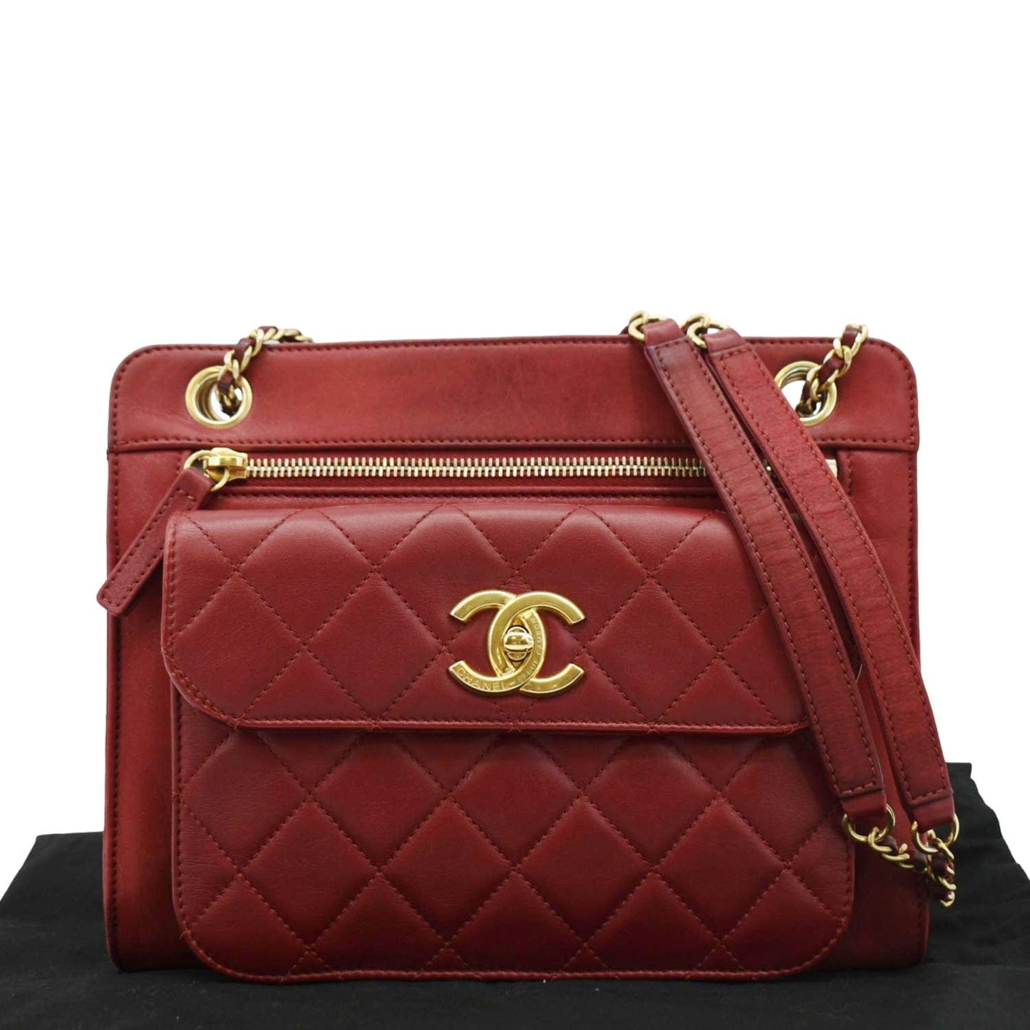 CHANEL Square Front Pocket Quilted Leather Chain Crossbody Bag Red