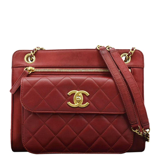 CHANEL Square Front Pocket Quilted Leather Chain Crossbody Bag Red