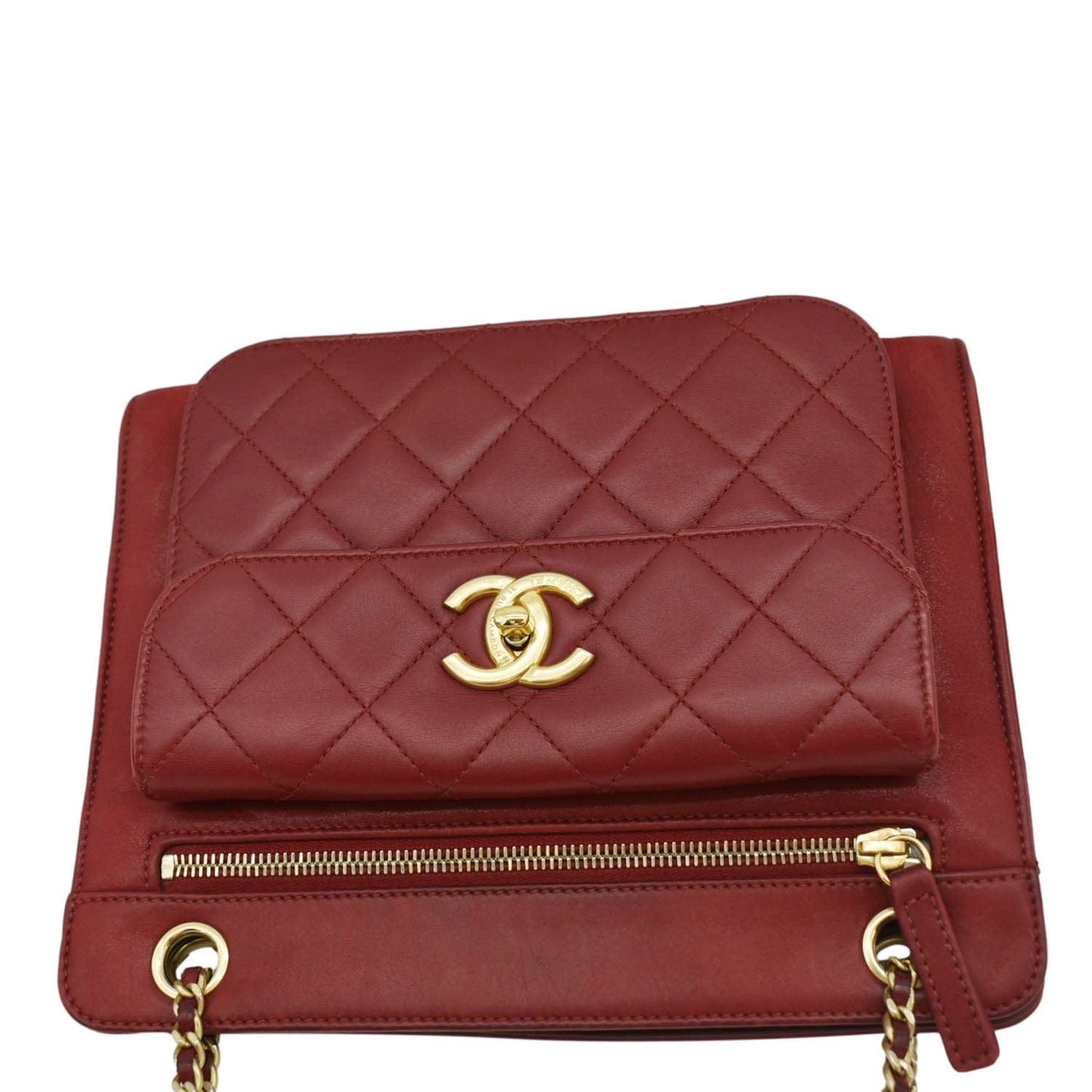 CHANEL Square Front Pocket Quilted Leather Chain Crossbody Bag Red