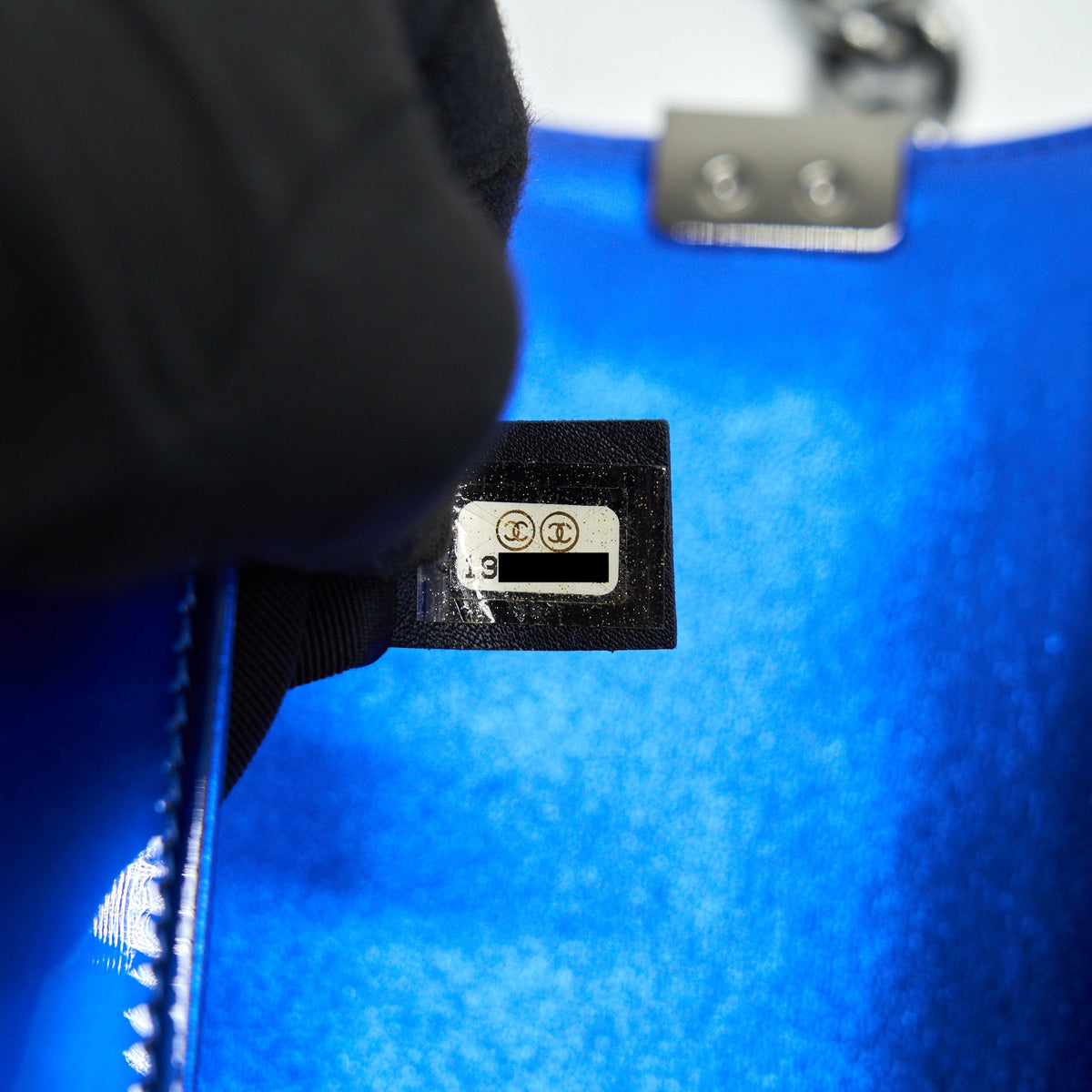 CHANEL MEDIUM LE BOY BAG IN METALLIC BLUE SHW