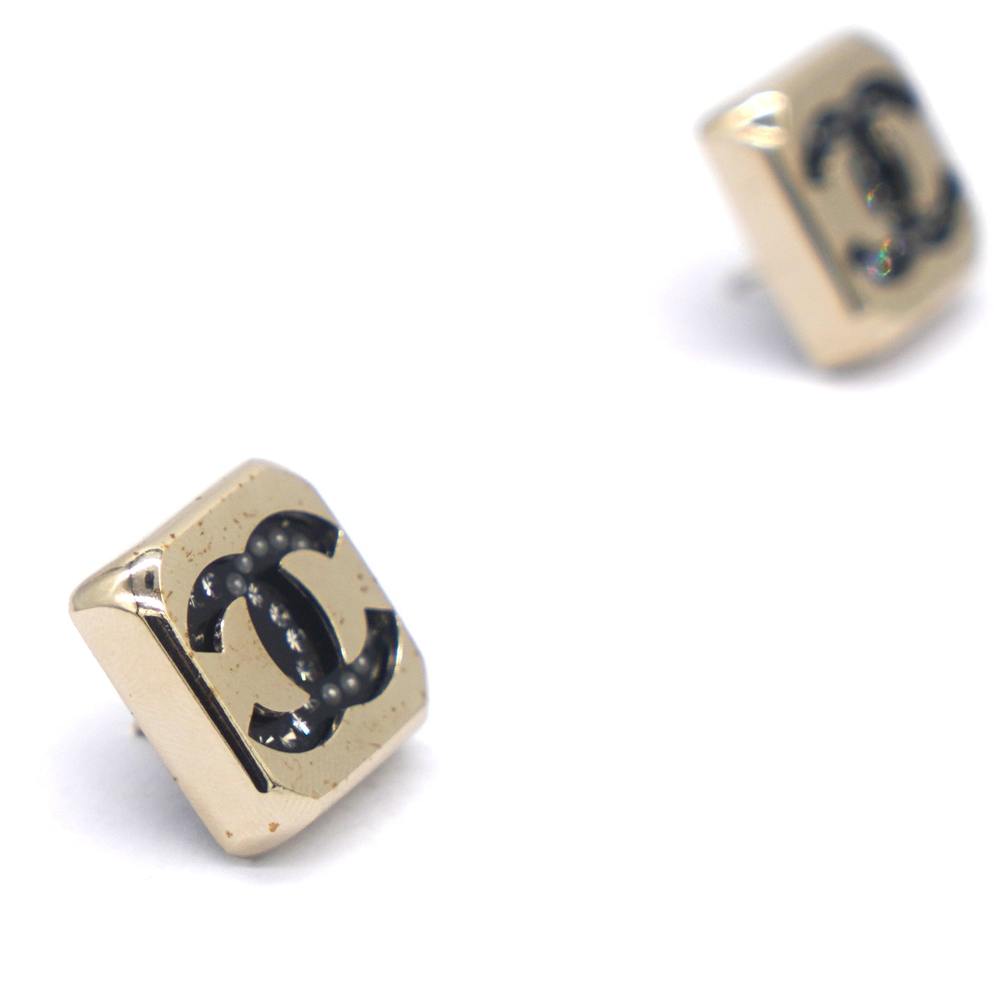 Chanel CC Stud Square Metal With Crystals Earrings