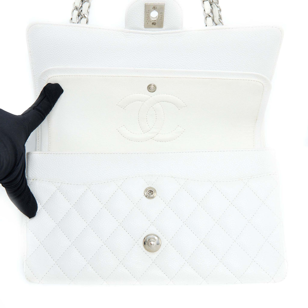 Chanel Medium Classic Flap Caviar White SHW
