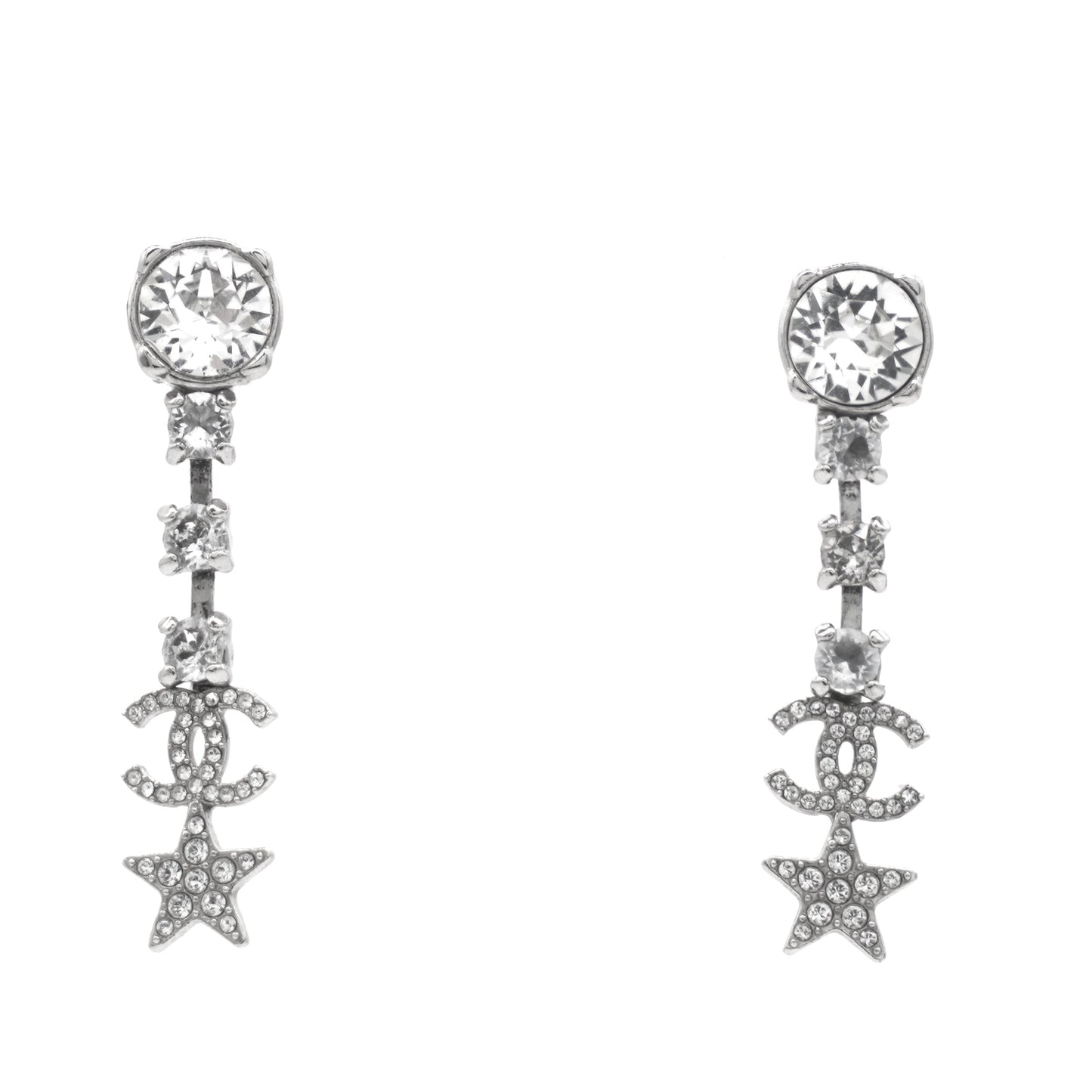 Chanel CC and Stars Silver Tone Drop Earrings